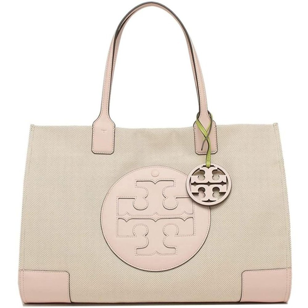 Like New Tory Burch Canvas Large Ella Natural& Pink Logo Tote Bag dimensions